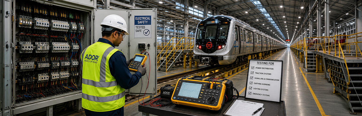 Electrical testing engineer inspecting metro rail infrastructure equipment at a maintenance depot