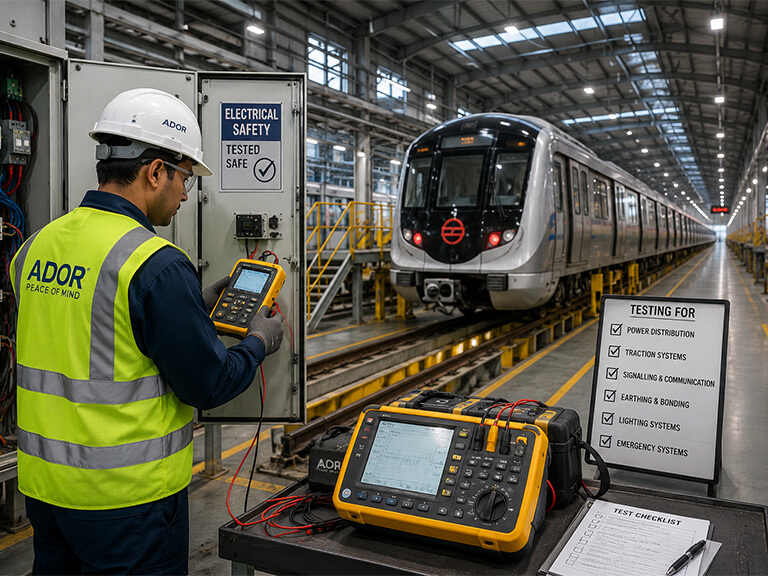 Electrical testing engineer inspecting metro rail infrastructure equipment at a maintenance depot